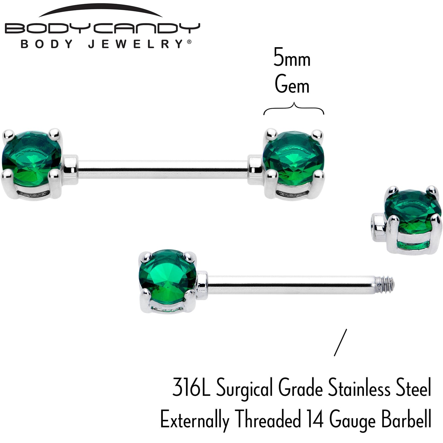 14G 9/16 Green CZ Gem May Birthstone Nipple Ring Set