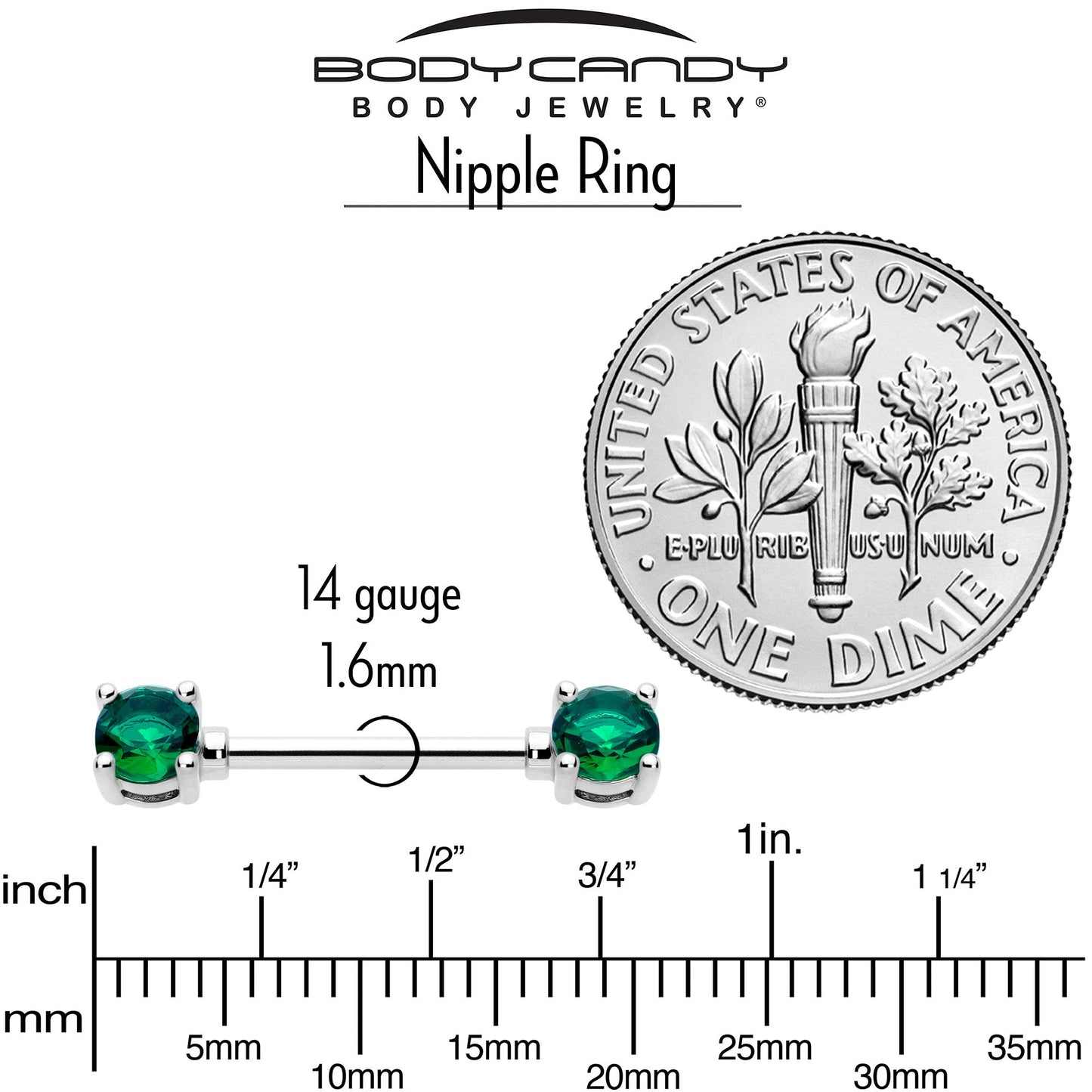 14G 9/16 Green CZ Gem May Birthstone Nipple Ring Set