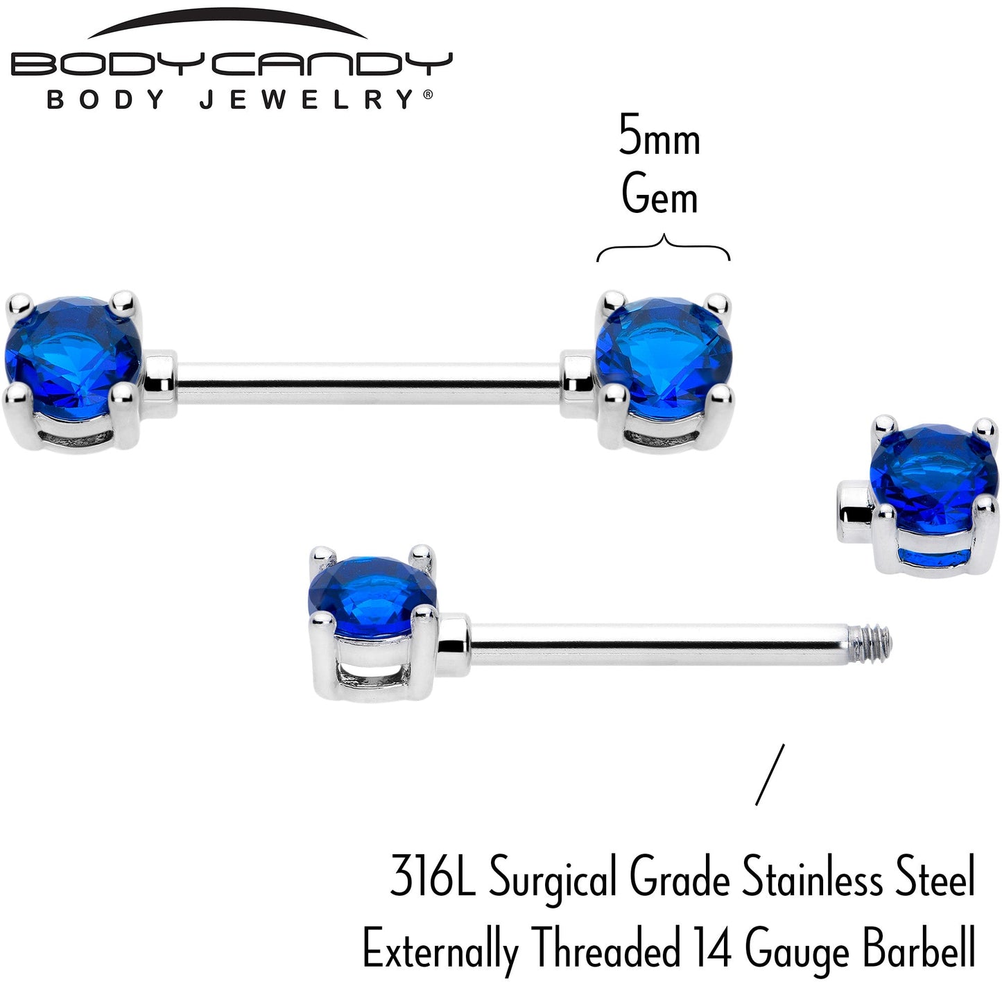 14G 9/16 Blue CZ Gem September Birthstone Nipple Ring Set