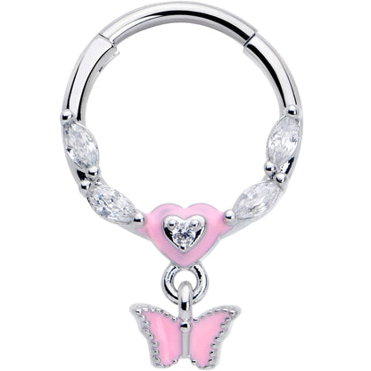 16G 3/8 Clear CZ Gem Luv Butterfly Pink Dangle Hinged Segment Ring
