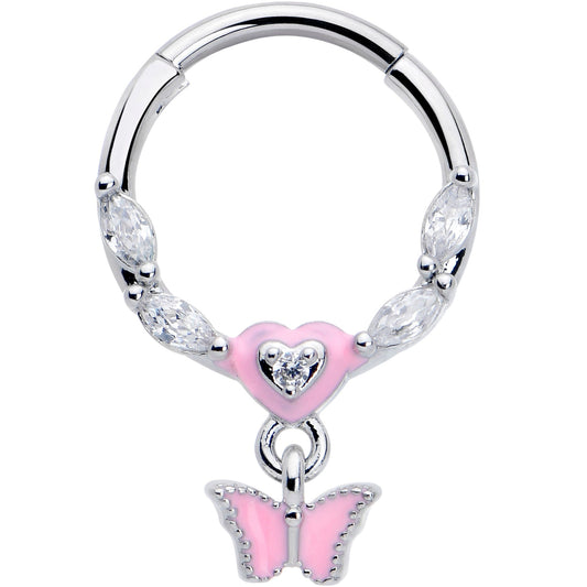 16G 3/8 Clear CZ Gem Luv Butterfly Pink Dangle Hinged Segment Ring
