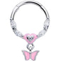 16G 3/8 Clear CZ Gem Luv Butterfly Pink Dangle Hinged Segment Ring