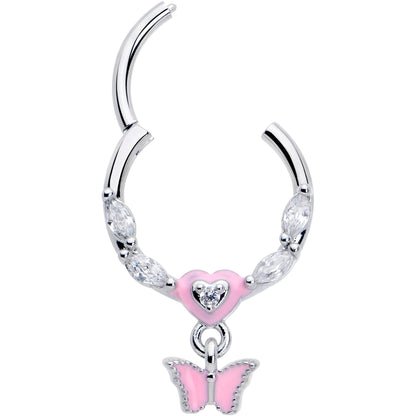 16G 3/8 Clear CZ Gem Luv Butterfly Pink Dangle Hinged Segment Ring