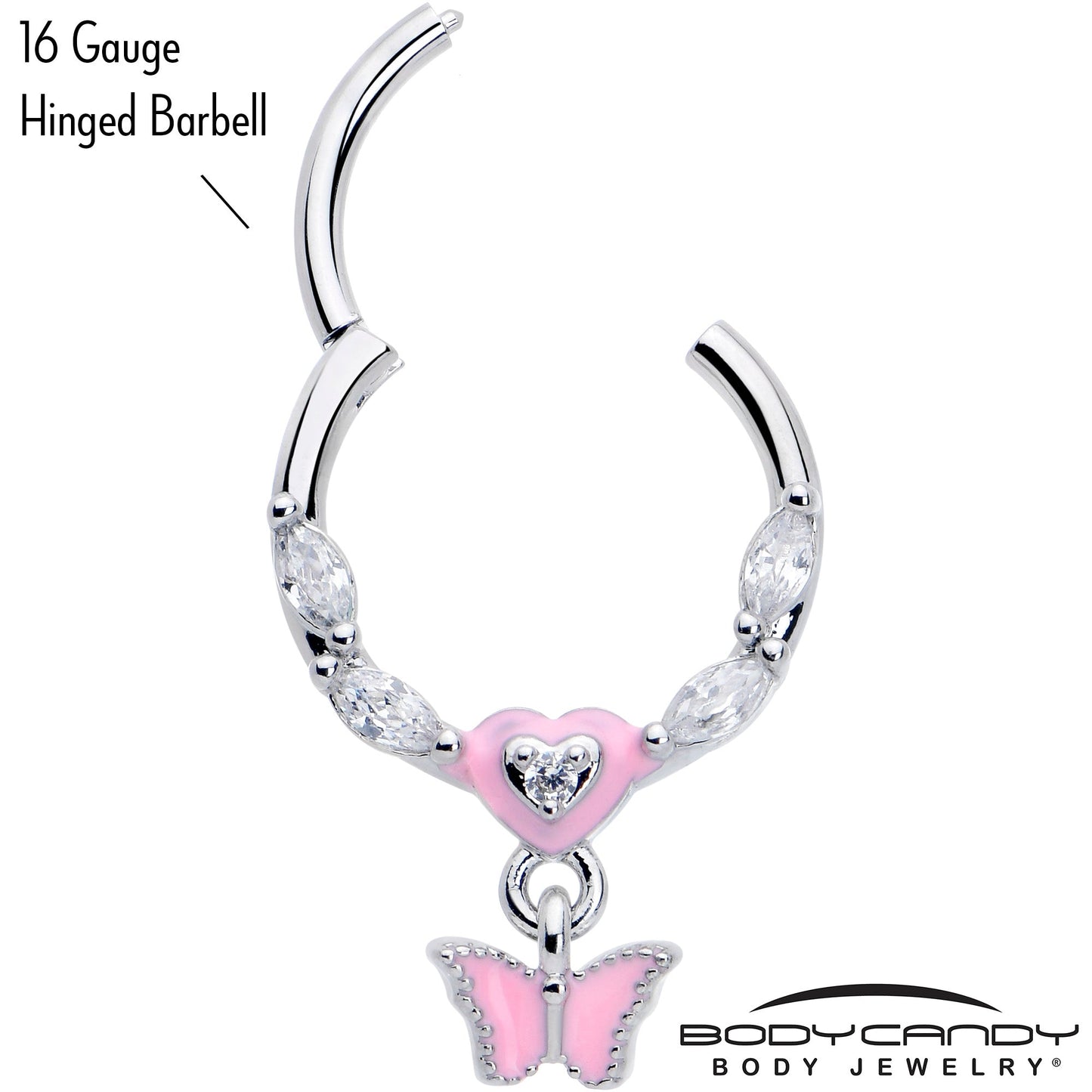 16G 3/8 Clear CZ Gem Luv Butterfly Pink Dangle Hinged Segment Ring