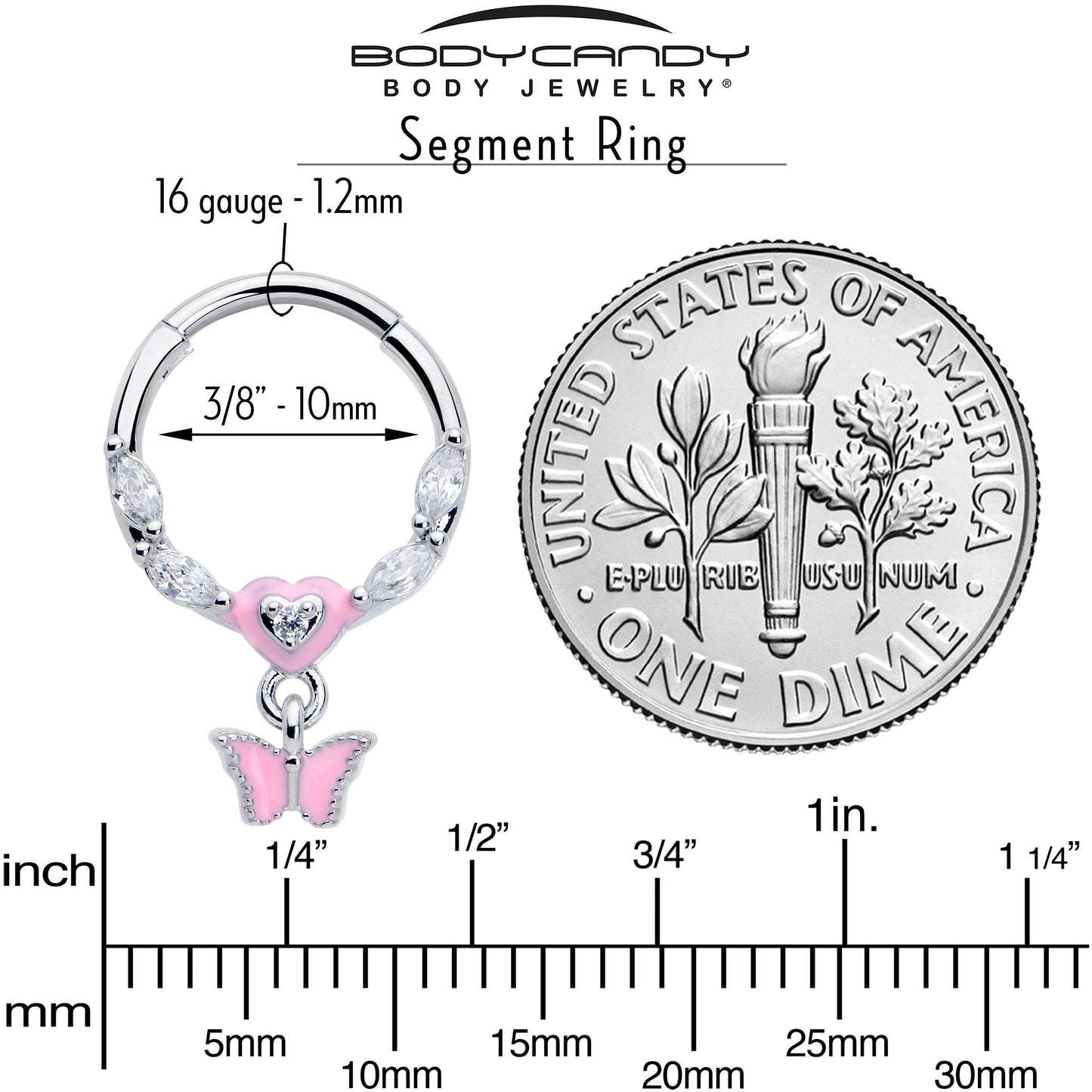 16G 3/8 Clear CZ Gem Luv Butterfly Pink Dangle Hinged Segment Ring