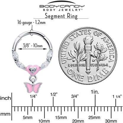 16G 3/8 Clear CZ Gem Luv Butterfly Pink Dangle Hinged Segment Ring