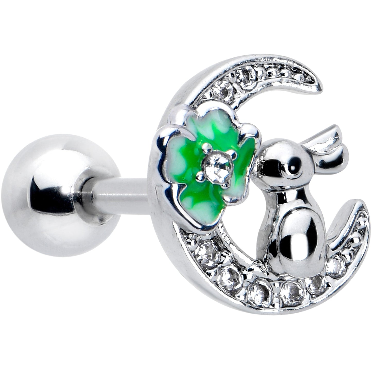 16G 1/4 Clear CZ Gem Rabbit on the Moon Green Cartilage Earring