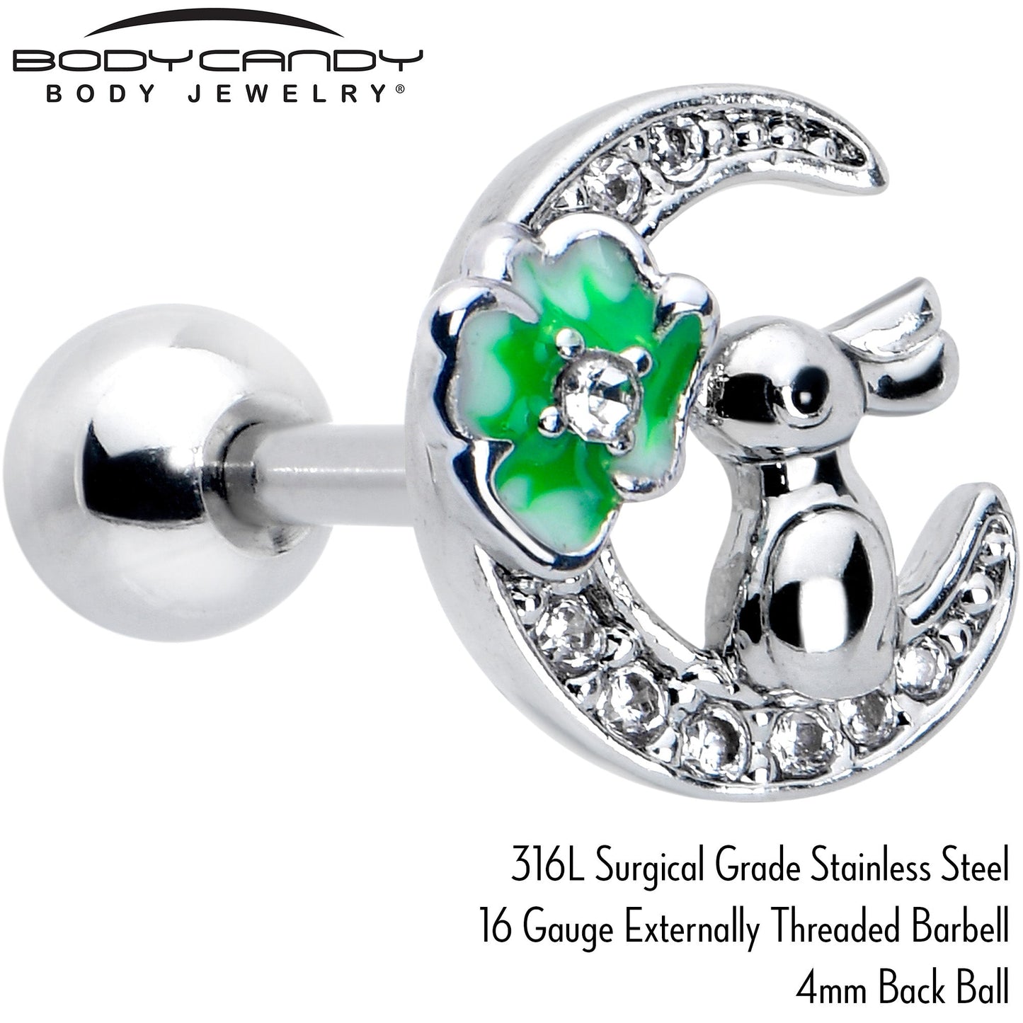 16G 1/4 Clear CZ Gem Rabbit on the Moon Green Cartilage Earring