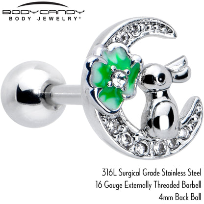 16G 1/4 Clear CZ Gem Rabbit on the Moon Green Cartilage Earring