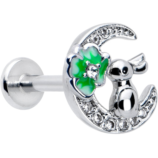 16G 5/16 Clear CZ Gem Rabbit on Moon Green Internally Threaded Labret