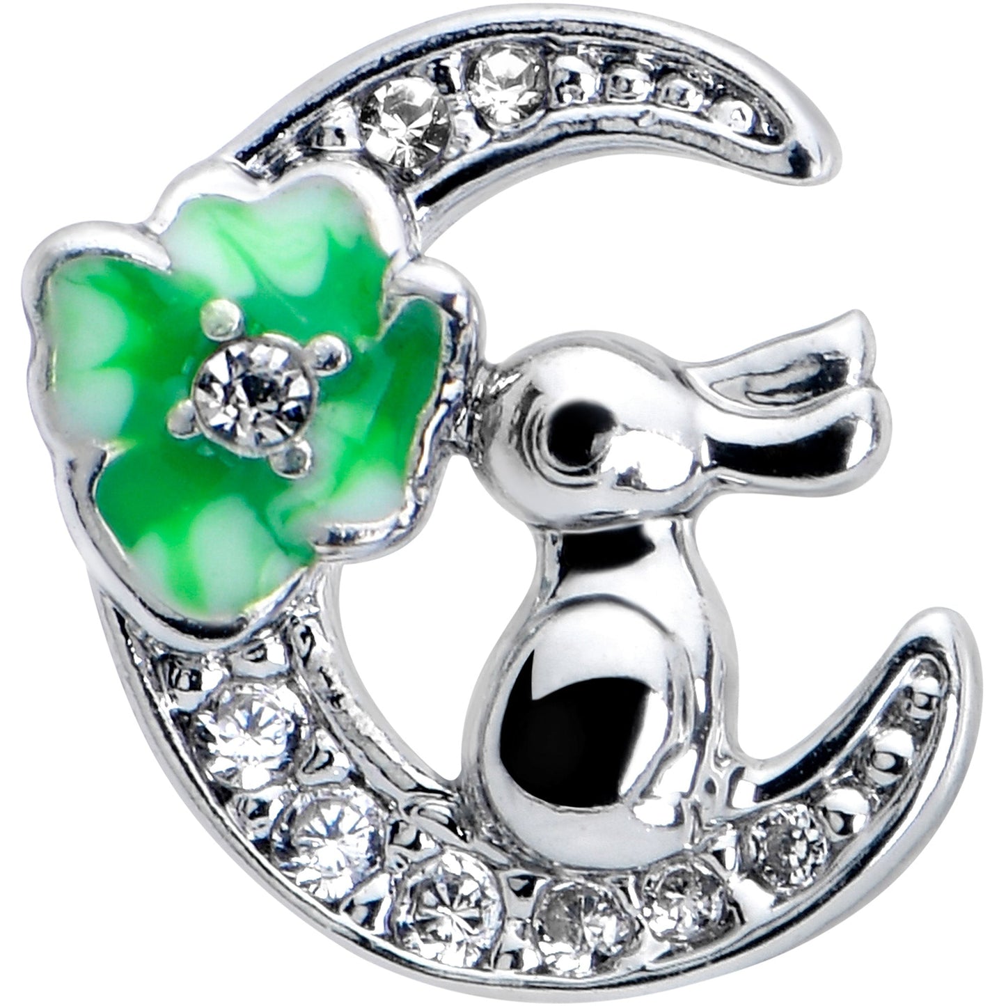 16G 5/16 Clear CZ Gem Rabbit on Moon Green Internally Threaded Labret