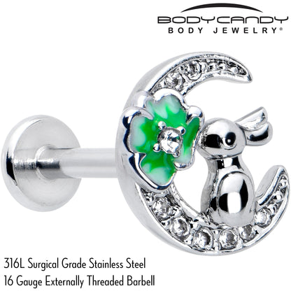 16G 5/16 Clear CZ Gem Rabbit on Moon Green Internally Threaded Labret