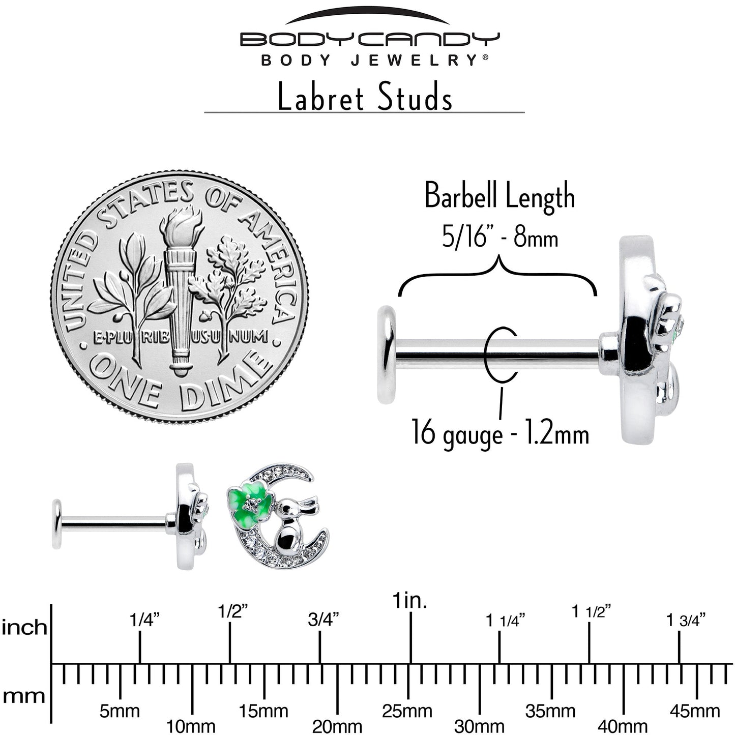 16G 5/16 Clear CZ Gem Rabbit on Moon Green Internally Threaded Labret