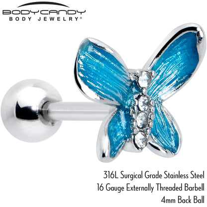 16G 1/4 Clear Gem Chunky Butterfly Blue Cartilage Tragus Earring