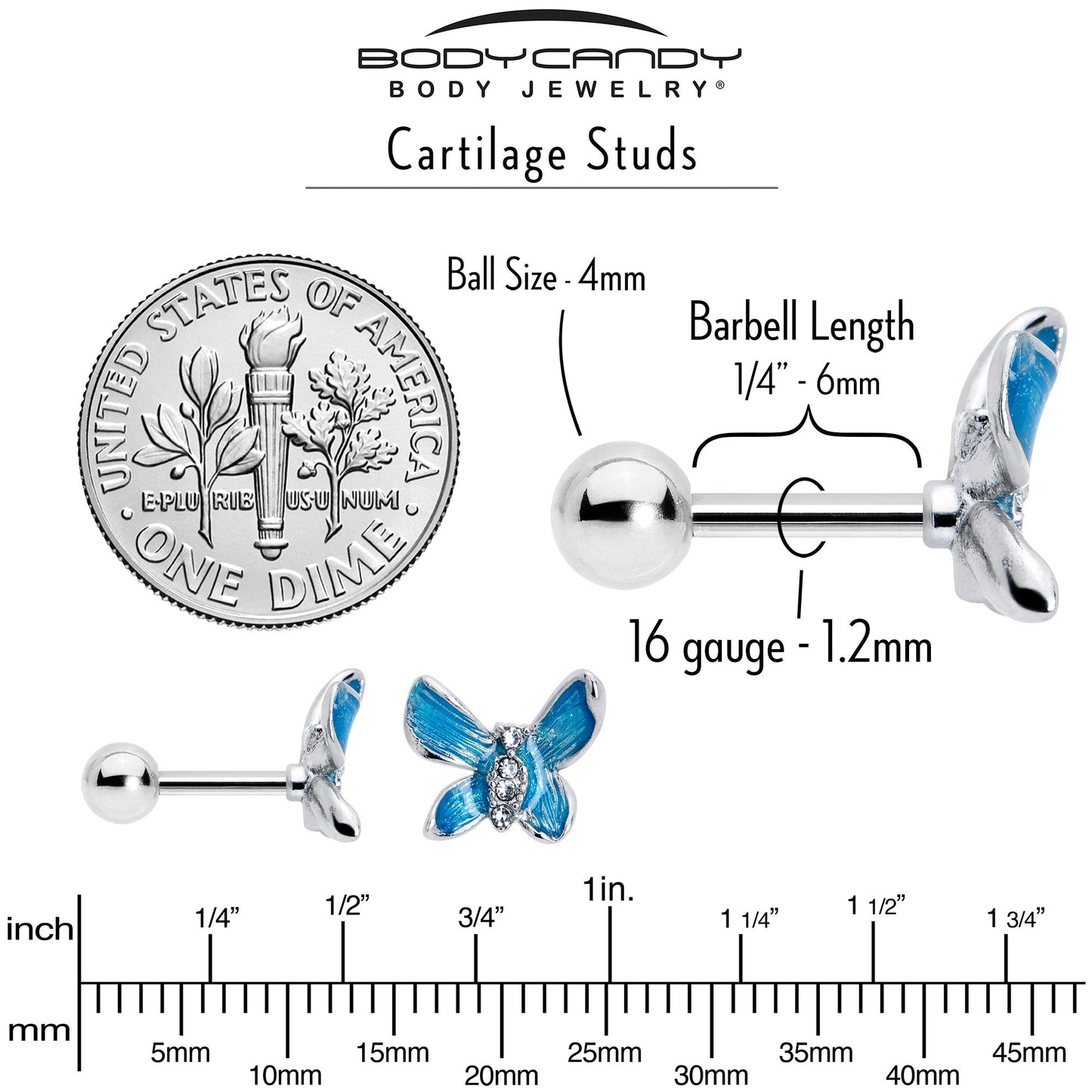 16G 1/4 Clear Gem Chunky Butterfly Blue Cartilage Tragus Earring