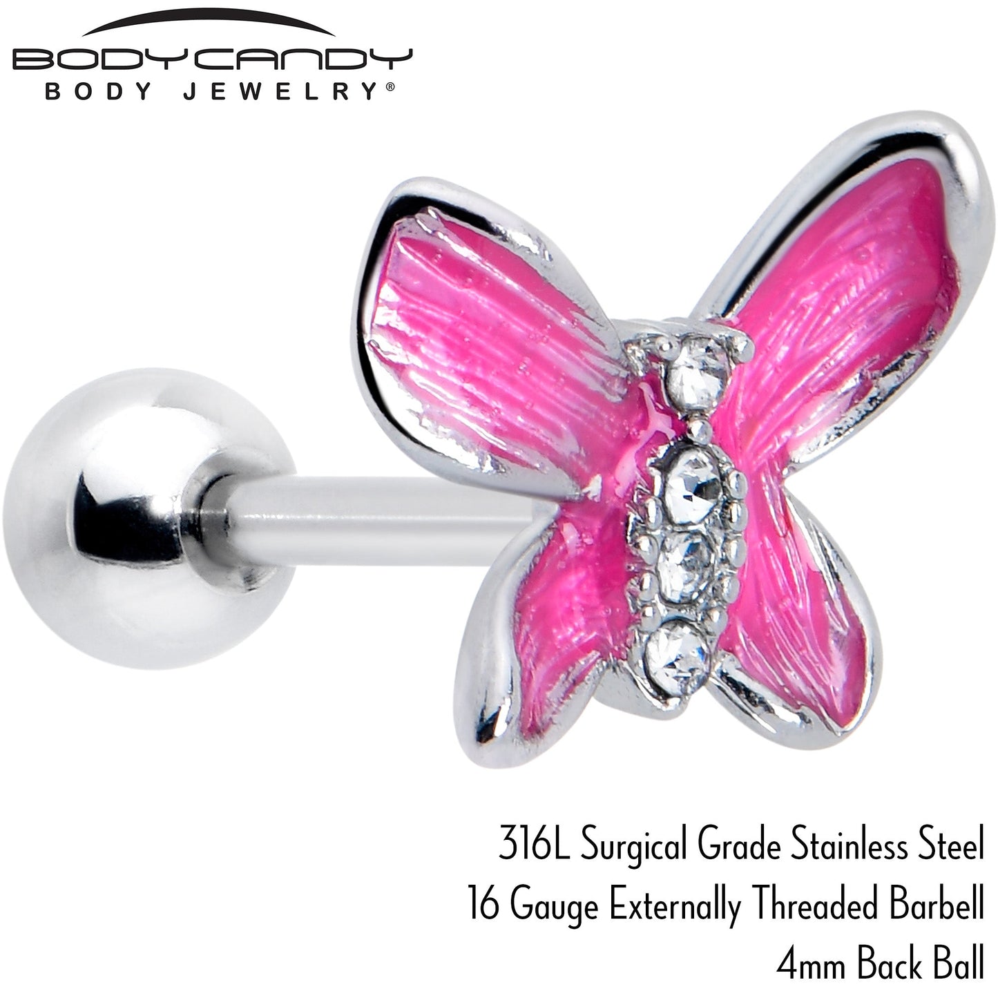 16G 1/4 Clear Gem Chunky Butterfly Pink Cartilage Tragus Earring