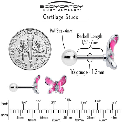 16G 1/4 Clear Gem Chunky Butterfly Pink Cartilage Tragus Earring