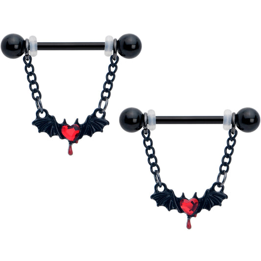 14G 9/16 Red Gem Black Bleeding Heart Bat Dangle Nipple Ring Set