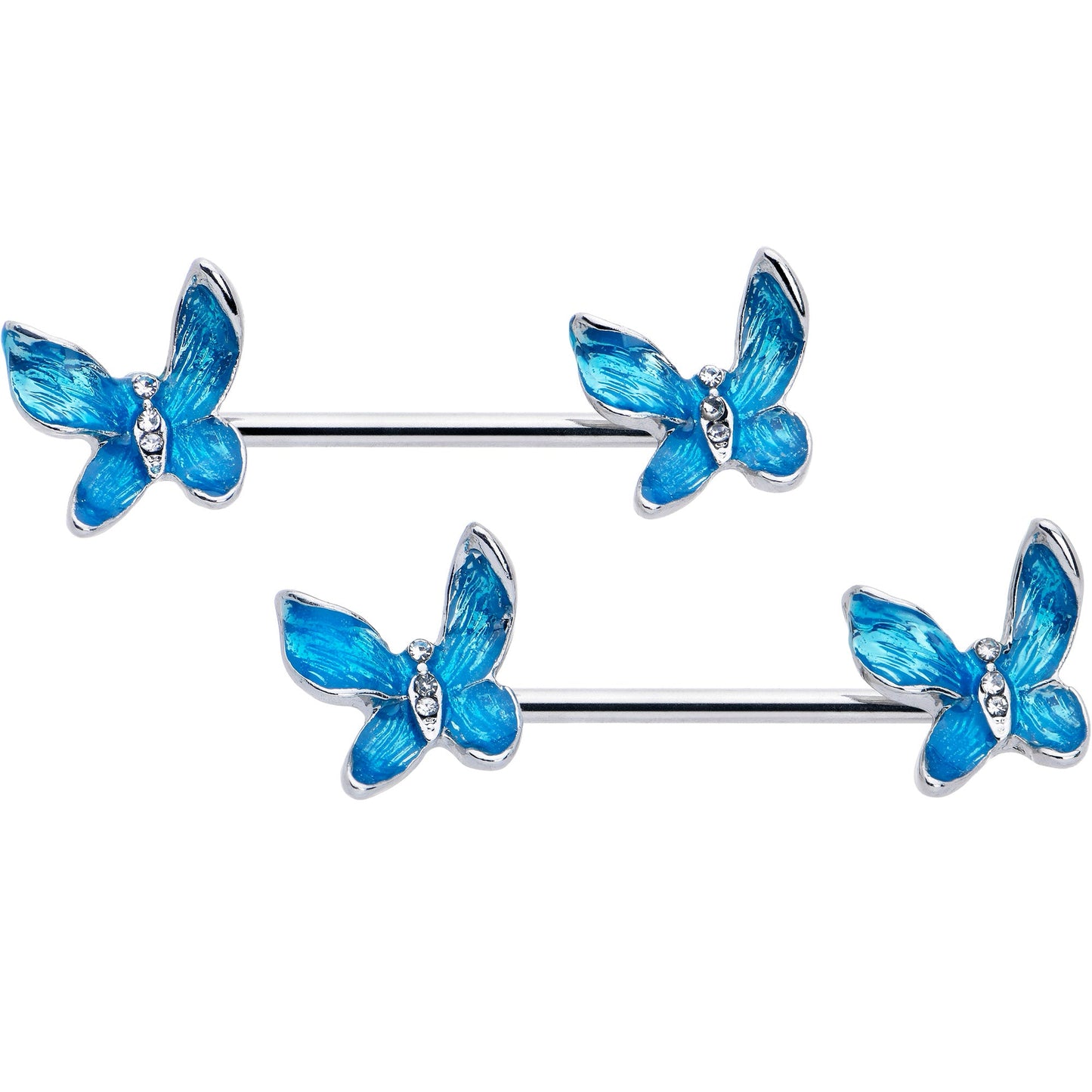 14G 9/16 Clear Gem Chunky Butterfly Blue Barbell Nipple Ring Set