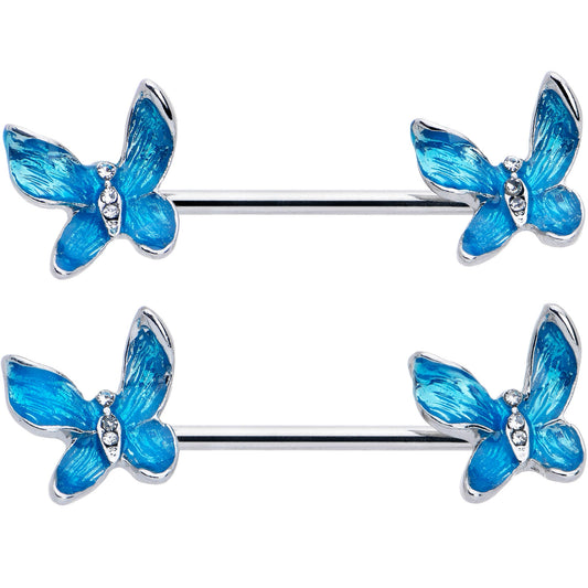 14G 9/16 Clear Gem Chunky Butterfly Blue Barbell Nipple Ring Set