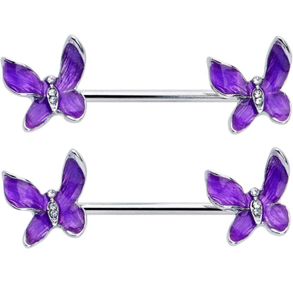 14G 9/16 Clear Gem Chunky Butterfly Purple Barbell Nipple Ring Set