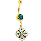 Green Gem Gold Tone Flower Wreath Dangle Belly Ring