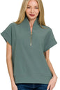 Zenana Ribbed High Neck Half Zip Top in Jade
