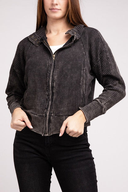 ZENANA Acid Wash Cotton Waffle Hooded Zip-Up Jacket