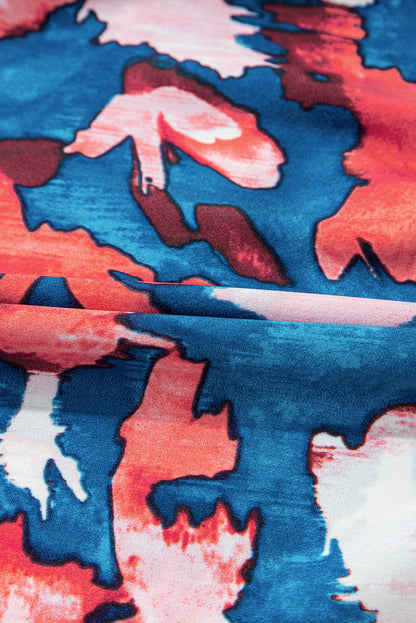 Blue Abstract Print Shirred Ruffled Short Sleeve Tiered Plus Size Mini Dress