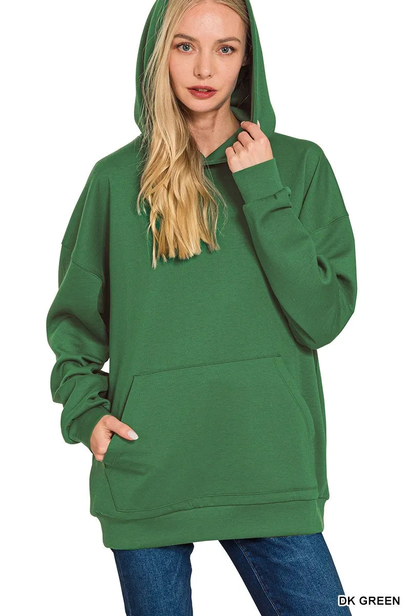 Zenana Oversized Scuba Hoodie with Kangaroo Pocket in Dark Green