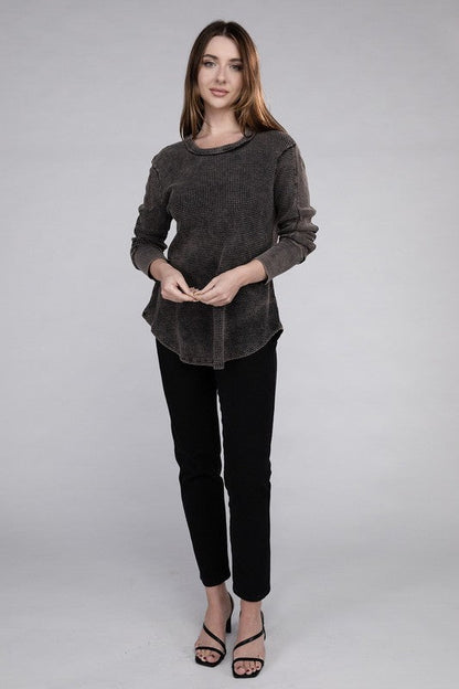ZENANA Washed Baby Waffle Long Sleeve Top