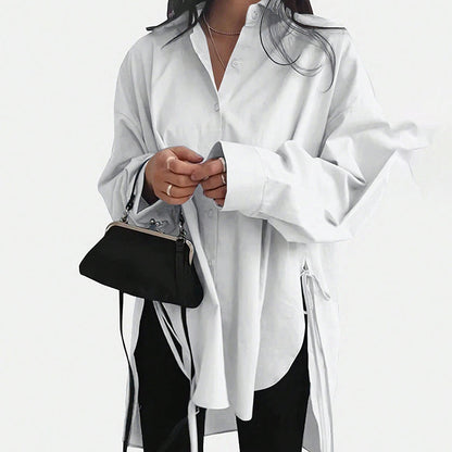 Women's Loose-Fit Long Sleeve Shirt with Side Slit Tie Detail - Stylish Button-Down Blouse