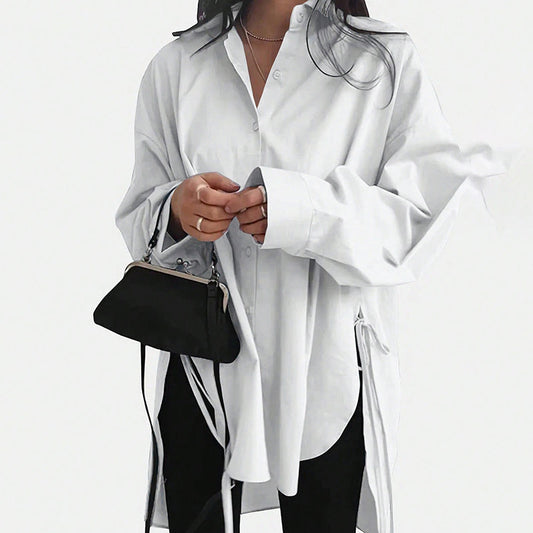 Women's Loose-Fit Long Sleeve Shirt with Side Slit Tie Detail - Stylish Button-Down Blouse