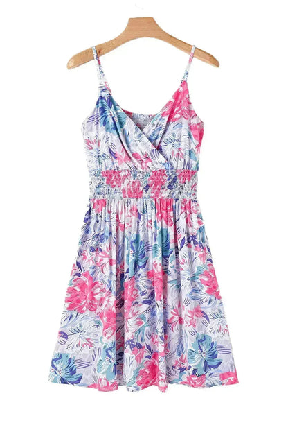 Red Floral Spaghetti Strap Surplice Neck Shirred Waist Mini Dress