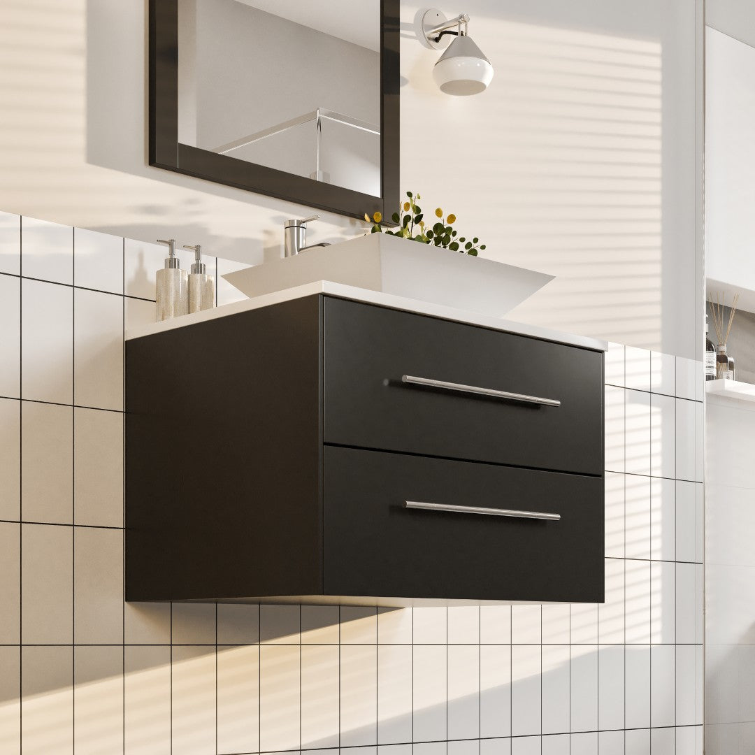 Eviva Wave Wall Mount Bath Vanity with White Quartz Top and Vessel Porcelain Sink (24"-72")