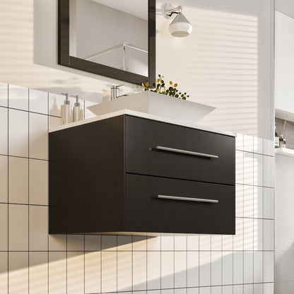 Eviva Wave Wall Mount Bath Vanity with White Quartz Top and Vessel Porcelain Sink (24"-72")