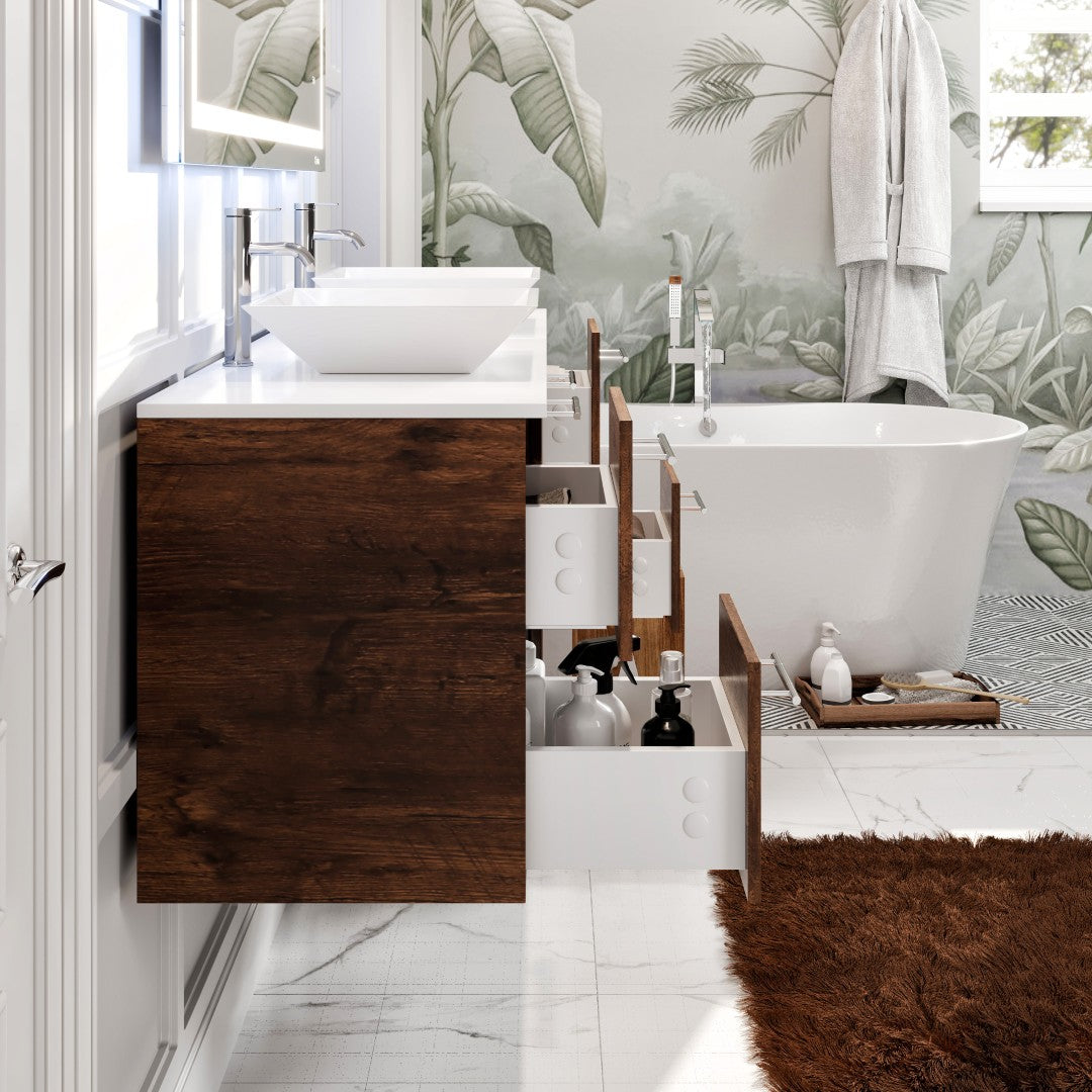 Eviva Luxurious Wall Mount Bath Vanity with White Quartz Top and Vessel Porcelain Sinks