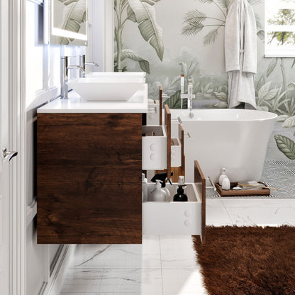 Eviva Luxurious Wall Mount Bath Vanity with White Quartz Top and Vessel Porcelain Sinks