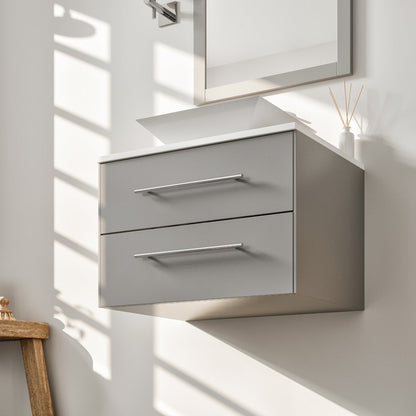 Eviva Wave Wall Mount Bath Vanity with White Quartz Top and Vessel Porcelain Sink (24"-72")