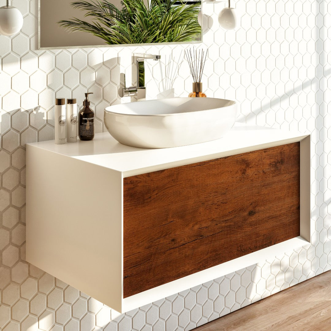 Eviva Santa Monica Wall Mount Bath Vanity with Acrylic Top and Vessel Solid Surface Sink (30"-36")