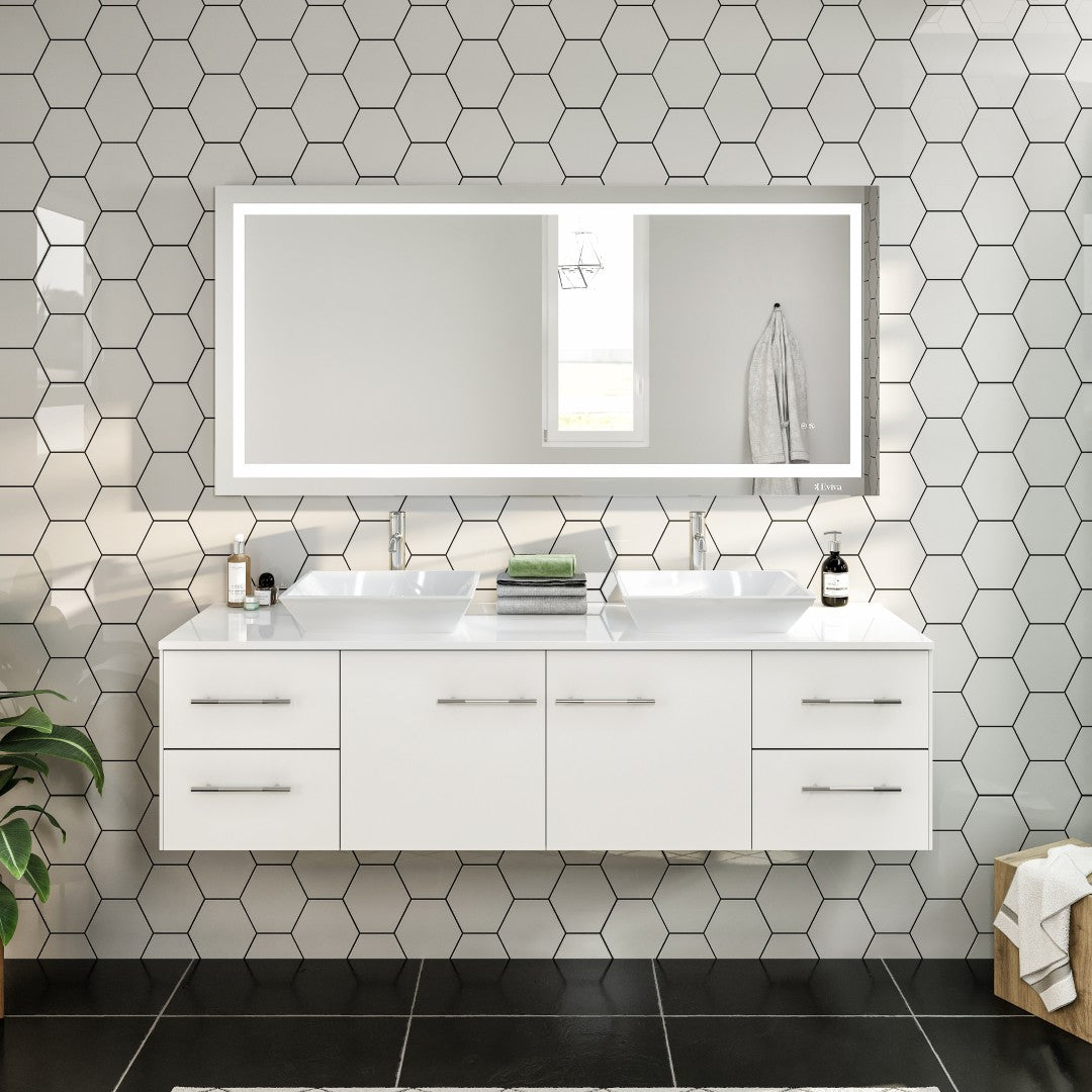 Eviva Wave Wall Mount Bath Vanity with White Quartz Top and Vessel Porcelain Sink (24"-72")