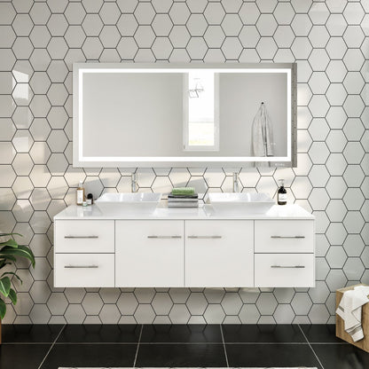 Eviva Wave Wall Mount Bath Vanity with White Quartz Top and Vessel Porcelain Sink (24"-72")
