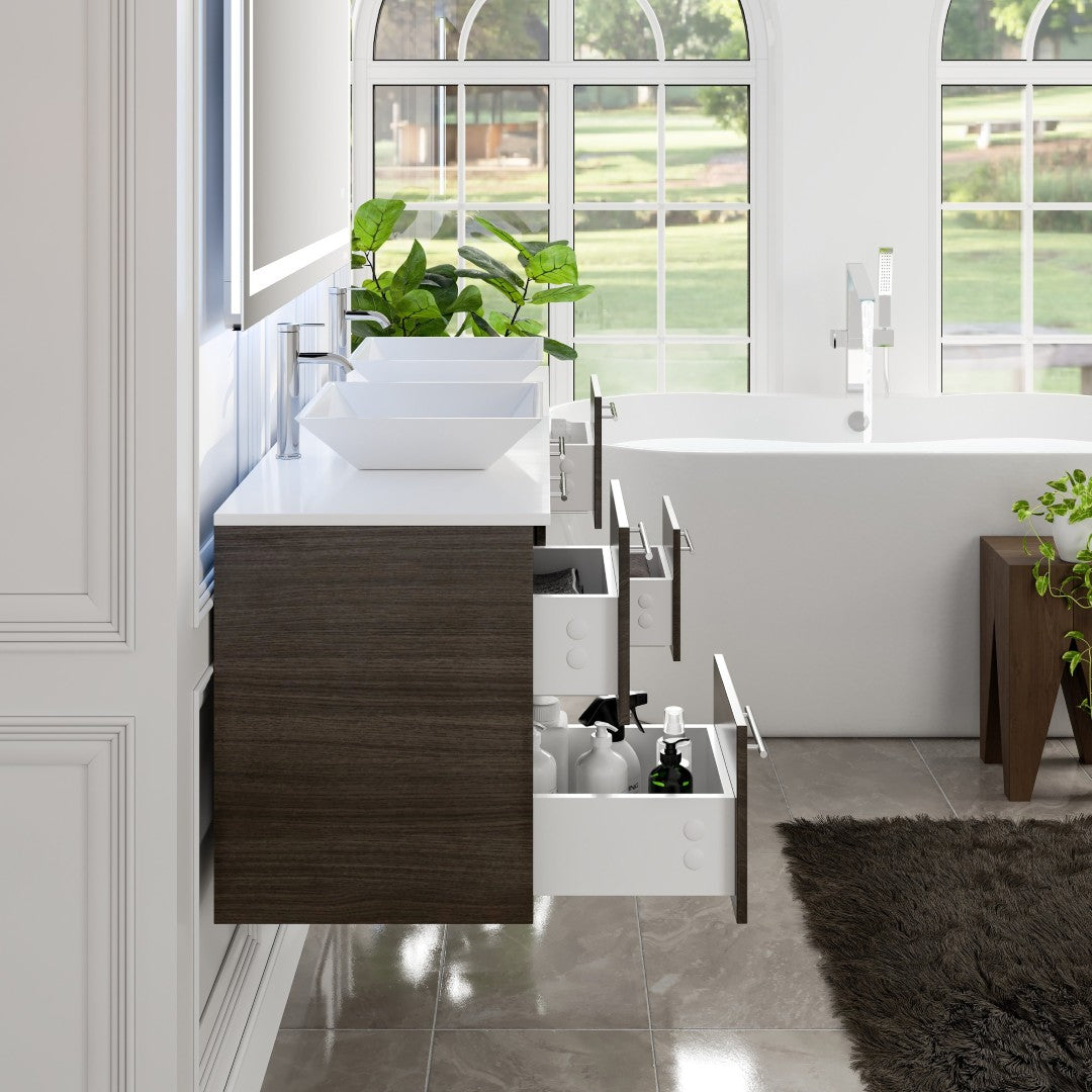 Eviva Luxurious Wall Mount Bath Vanity with White Quartz Top and Vessel Porcelain Sinks