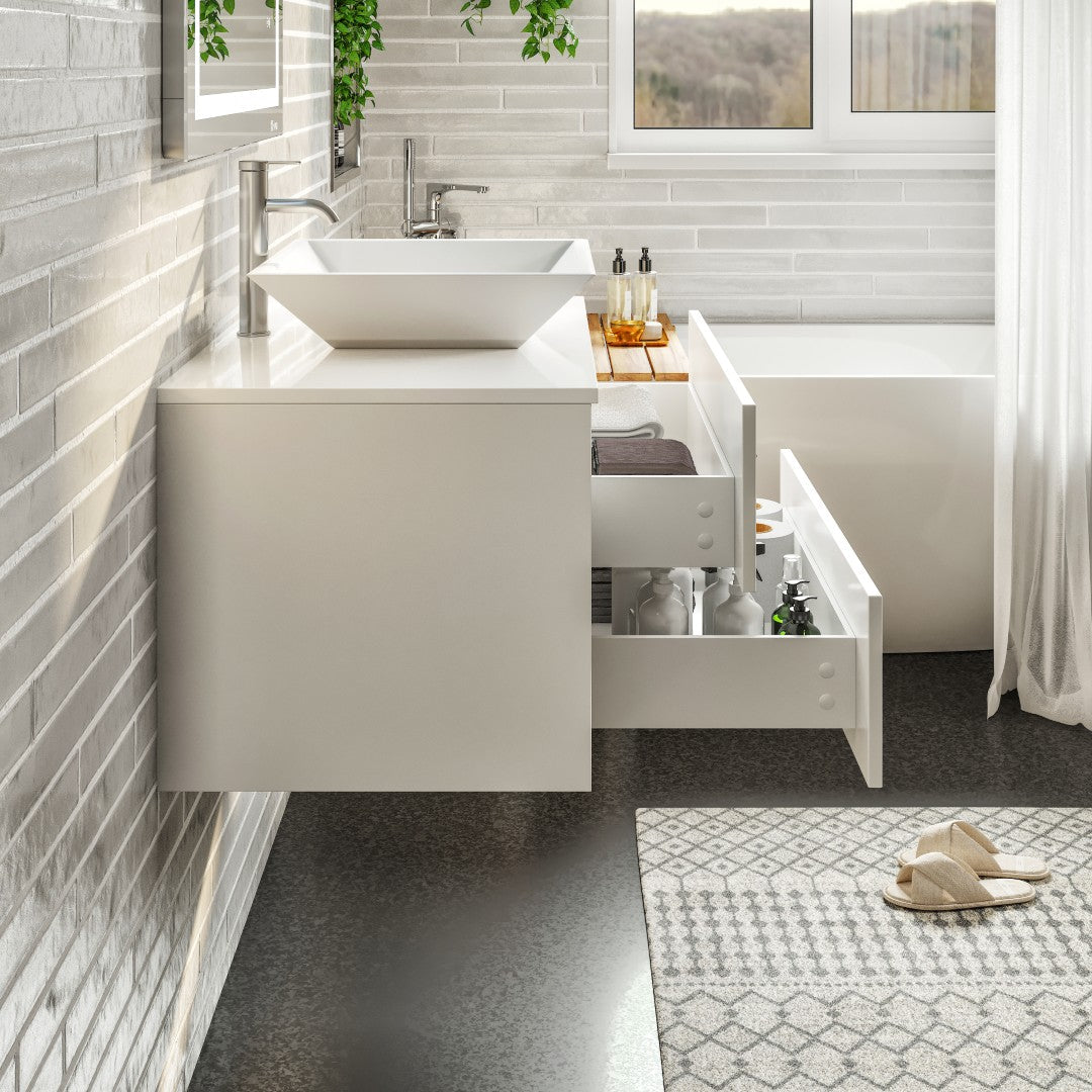 Eviva Wave Wall Mount Bath Vanity with White Quartz Top and Vessel Porcelain Sink (24"-72")