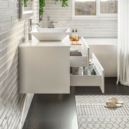 Eviva Wave Wall Mount Bath Vanity with White Quartz Top and Vessel Porcelain Sink (24"-72")