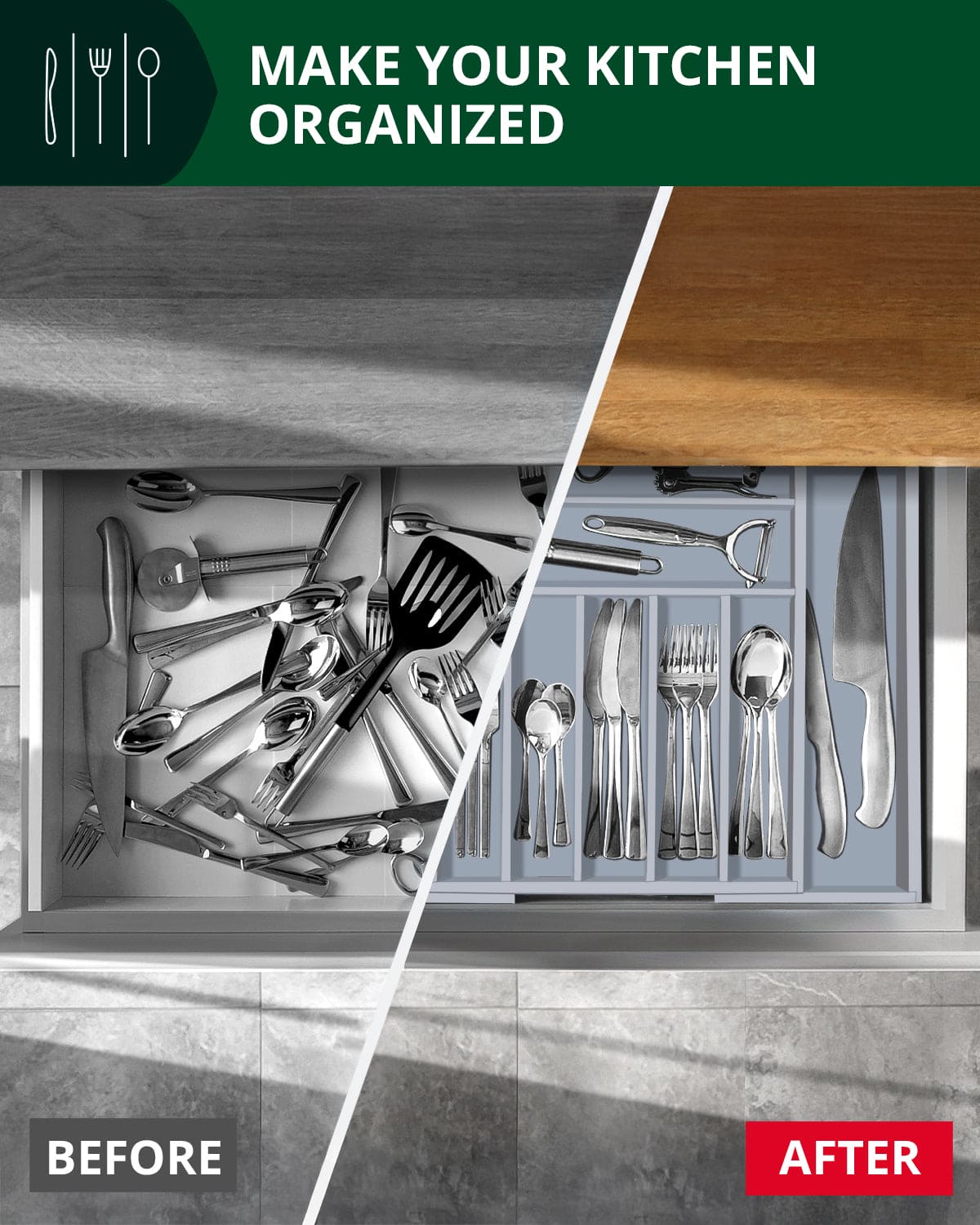 Silverware Drawer Organizer, Gray (9 Slots)