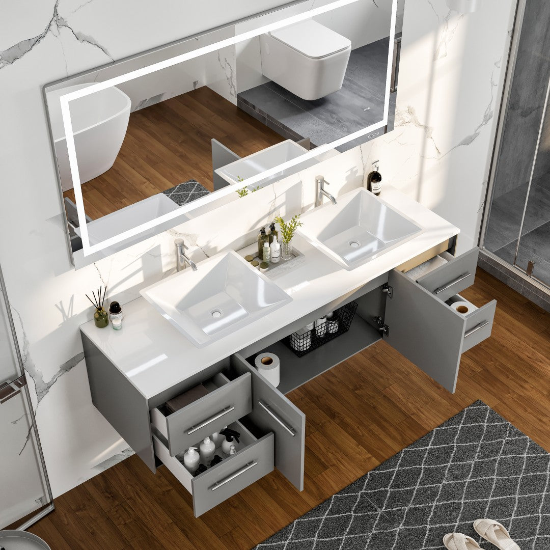Eviva Wave Wall Mount Bath Vanity with White Quartz Top and Vessel Porcelain Sink (24"-72")