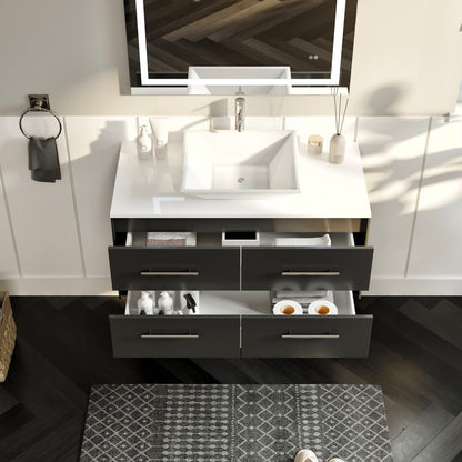 Eviva Wave Wall Mount Bath Vanity with White Quartz Top and Vessel Porcelain Sink (24"-72")