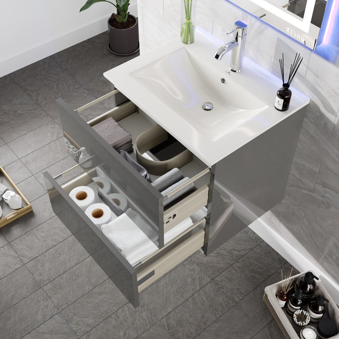 Eviva Ikaro Wall Mount Bath Vanity with Porcelain Top and Integrated Sink