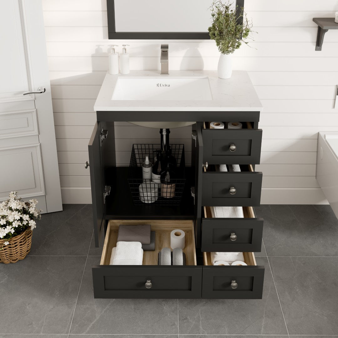 Eviva Happy Bath Vanity with Carrara Quartz Top and Undermount Porcelain Sink (24"-30")